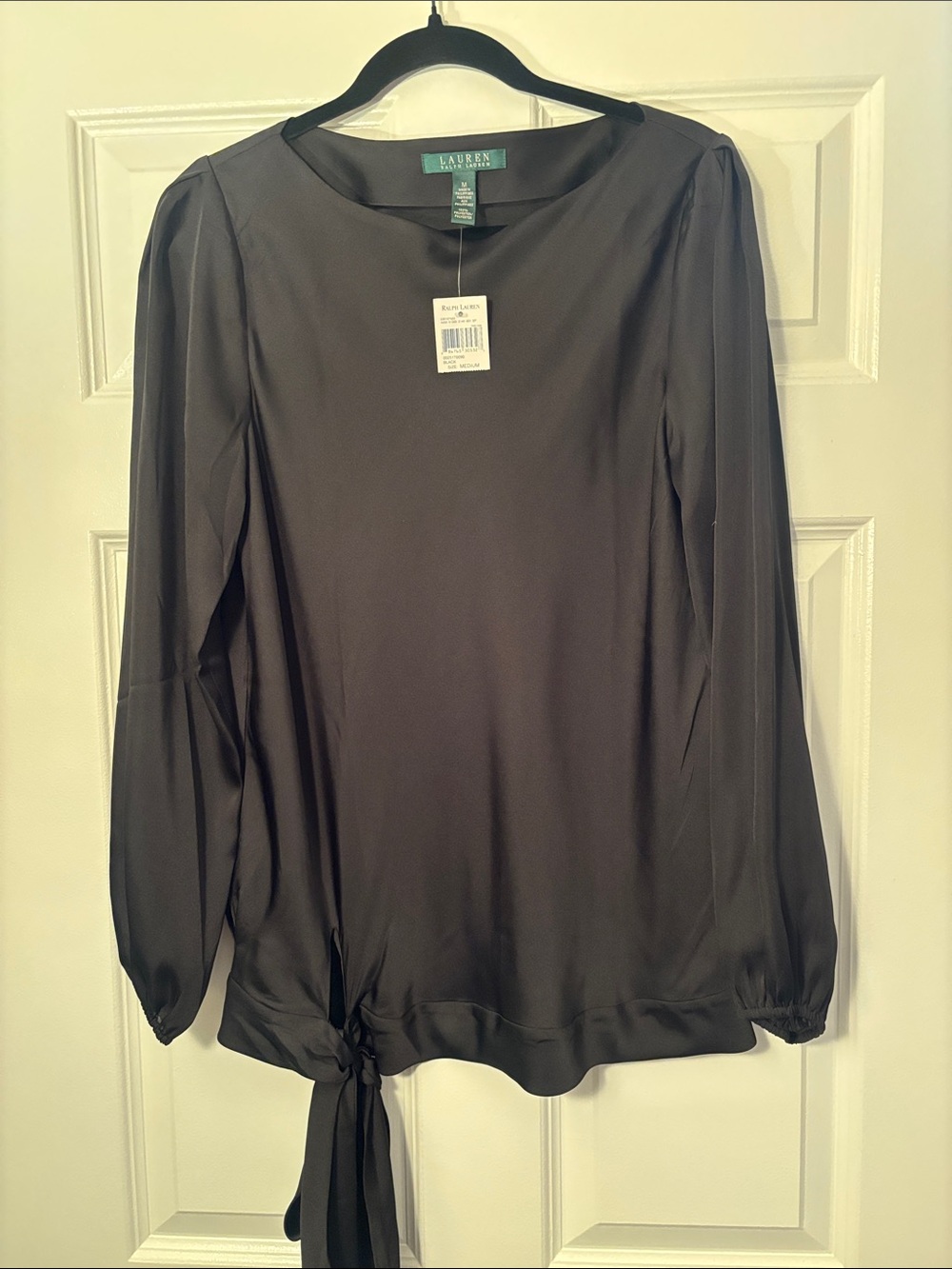Lauren Ralph Lauren Black Satin Long-Sleeve Blouse with Side Tie